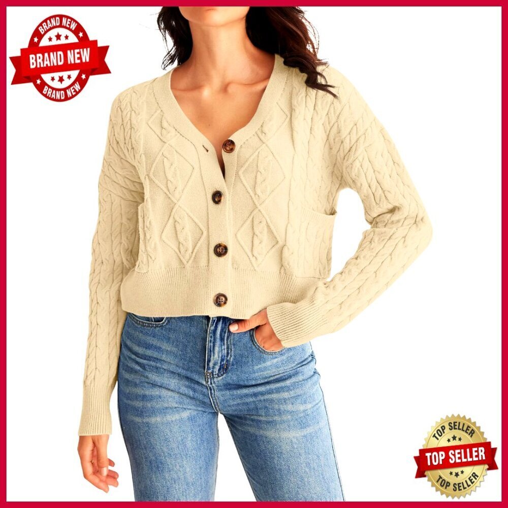 Long Sleeve Cable Knit Cardigan V Neck Open Front Crop Sweater Pockets